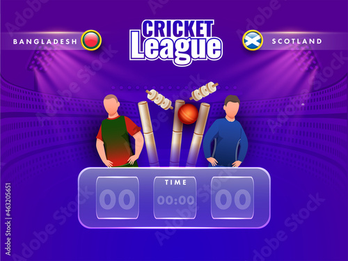 Cricket Digital Scoreboard Of Participating Team Bangladesh VS Scotland With Faceless Players And 3D Ball Hits Wicket Stumps On Gradient Violet Stadium View.