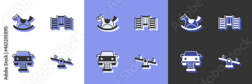 Set Seesaw, Horse in saddle swing, Swing car and Swedish wall icon. Vector