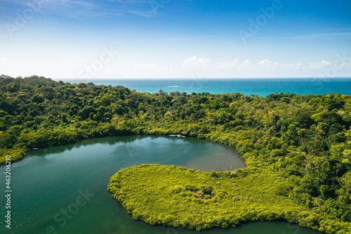 Fototapeta Naklejka Na Ścianę i Meble -  Panama.Tropical Island Aerial View. Wild coastline lush exotic green jungle. Red Frog Beach in Bastimentos Island, Bocas del Toro, Central America, Panama.