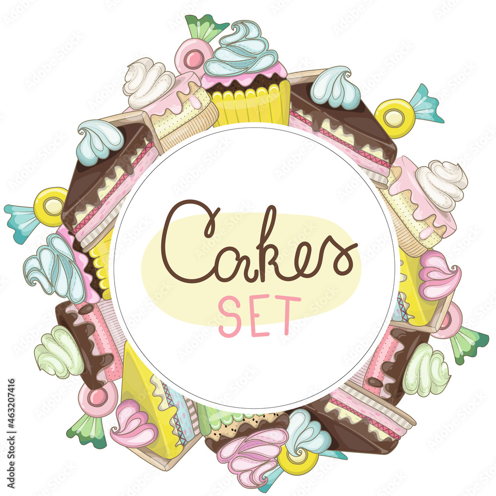 Vector illustration of a round frame with cakes, cupcakes and sweets in a hand-drawn style Vector illustration of a round frame with cakes, cupcakes and sweets in a hand-drawn style