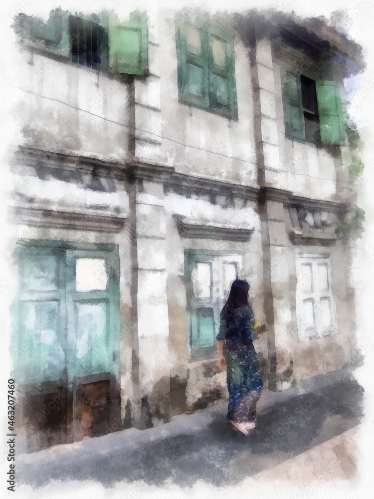 ancient abandoned european building watercolor style illustration impressionist painting.