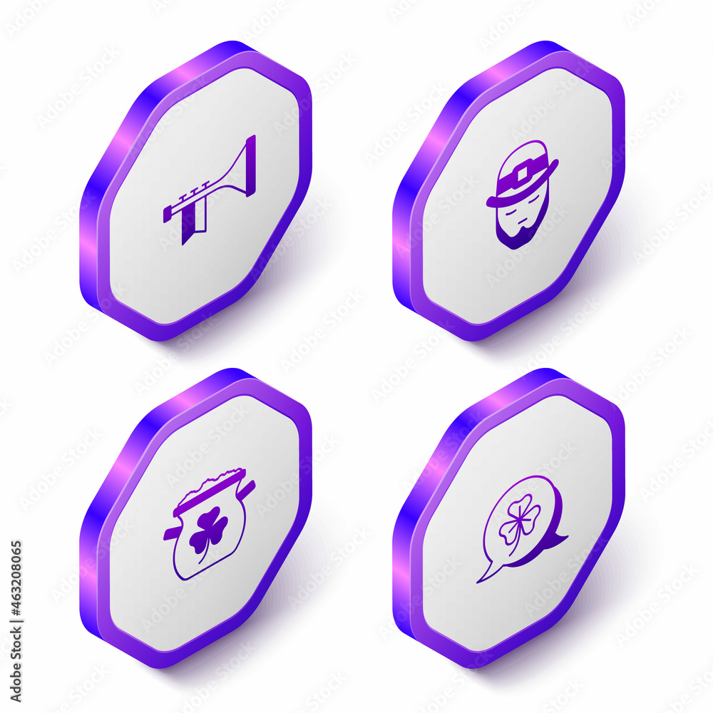 Set Isometric Trumpet, Leprechaun, Pot of gold coins and Clover trefoil leaf icon. Purple hexagon button. Vector Set Isometric Trumpet, Leprechaun, Pot of gold coins and Clover trefoil leaf icon. Purple hexagon button. Vector