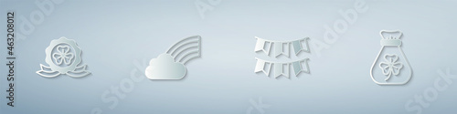 Set Medal with clover, Rainbow cloud, Carnival garland flags and Money bag. Paper art style. Vector