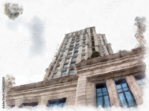 landscape of tall buildings in the city watercolor style illustration impressionist painting.