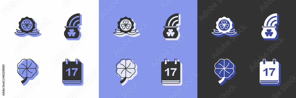 Set Saint Patricks day with calendar, Medal clover, Four leaf and Pot of gold rainbow icon. Vector Set Saint Patricks day with calendar, Medal clover, Four leaf and Pot of gold rainbow icon. Vector