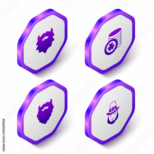 Set Isometric Mustache and beard, Golden leprechaun coin, and Leprechaun icon. Purple hexagon button. Vector