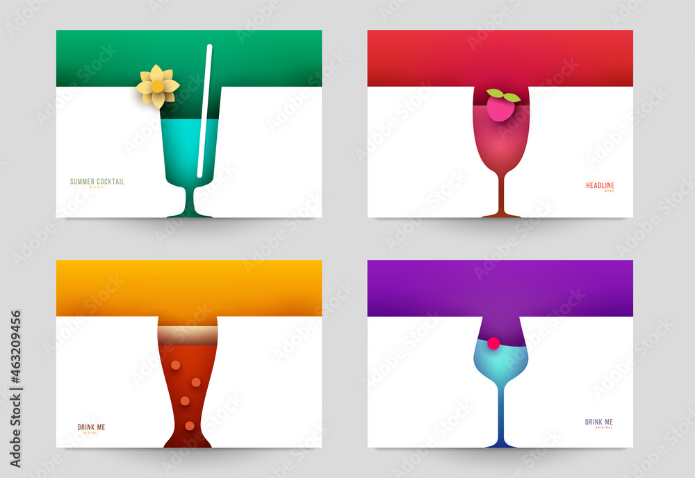 Naklejka Set of abstract silhouette cocktails with alcohol or juice in minimalistic geometric flat style. Creative colorful composition. Concept for branding menu, cover, flyer, banner. Vector illustration.