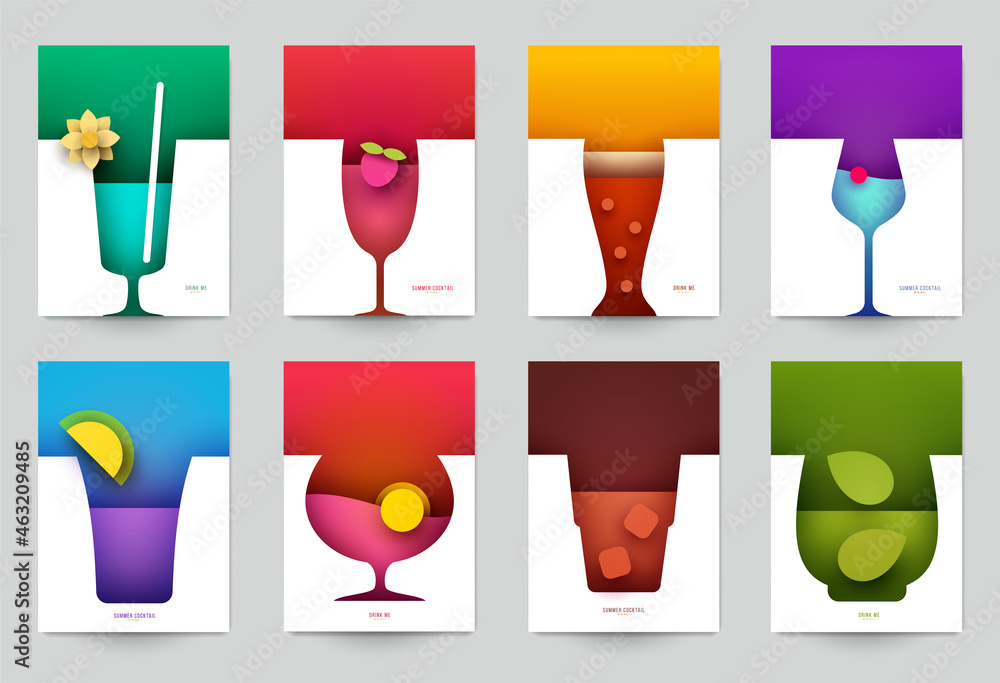 Set of abstract silhouette cocktails with alcohol or juice in minimalistic geometric flat style. Creative colorful composition. Concept for branding menu, cover, flyer, banner. Vector illustration. - obrazy, fototapety, plakaty 