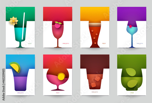 Set of abstract silhouette cocktails with alcohol or juice in minimalistic geometric flat style. Creative colorful composition. Concept for branding menu, cover, flyer, banner. Vector illustration.