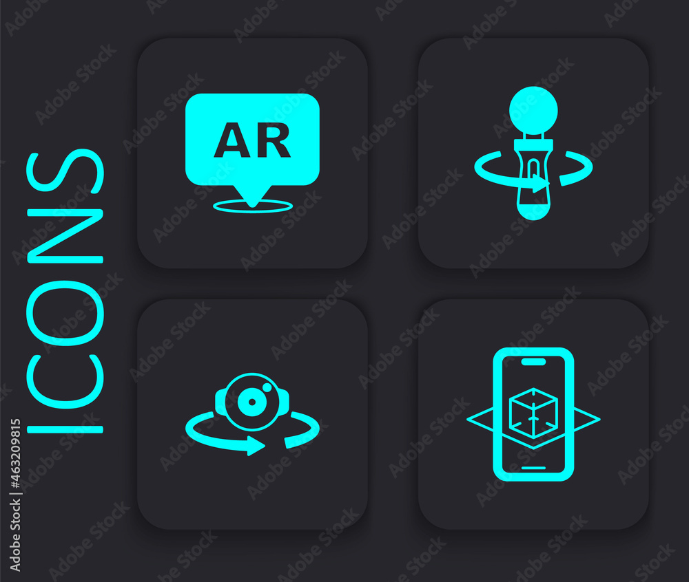 Set 3d modeling, Augmented reality AR, VR controller game and 360 degree view icon. Black square button. Vector Set 3d modeling, Augmented reality AR, VR controller game and 360 degree view icon. Black square button. Vector