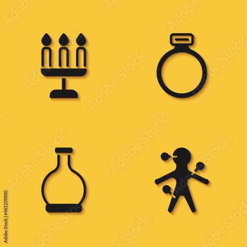 Set Candlestick, Voodoo doll, Bottle with potion and Magic stone ring icon with long shadow. Vector