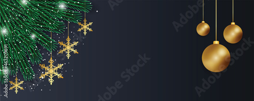 Realistic christmas sale banner green leaf with christmas ornament