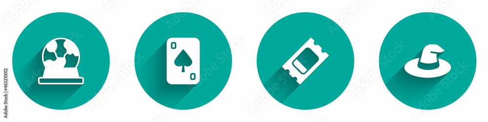 Set Magic ball, Playing cards, Circus ticket and Witch hat icon with long shadow. Vector Set Magic ball, Playing cards, Circus ticket and Witch hat icon with long shadow. Vector