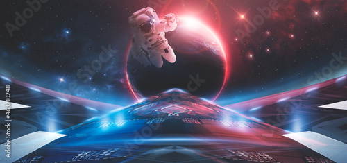 Fototapeta Naklejka Na Ścianę i Meble -  Space background, abstract futuristic fantasy space. Blue neon light, galaxy. Abstract fantastic space of the Universe. Neon portal of the cosmic galaxy. Elements of this image furnished by NASA. 3d 