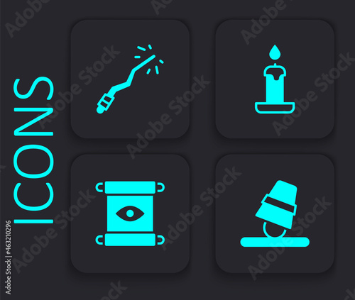 Set Game thimbles, Magic wand, Burning candle and scroll icon. Black square button. Vector