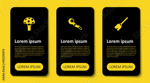 Set Witches broom, Magic staff and Psilocybin mushroom. Business infographic template. Vector