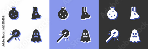 Set Ghost, Bottle with potion, Magic wand and Rabbit ears icon. Vector