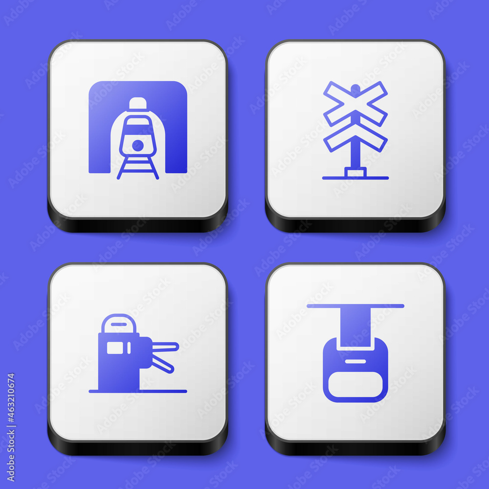 Set Train in railway tunnel, Railroad crossing, Turnstile and Cable car icon. White square button. Vector Set Train in railway tunnel, Railroad crossing, Turnstile and Cable car icon. White square button. Vector