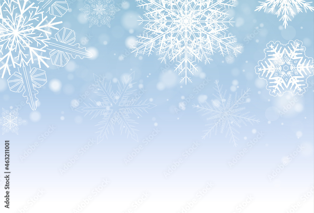 Christmas background with snowflakes, blue winter snow background, vector illustration.