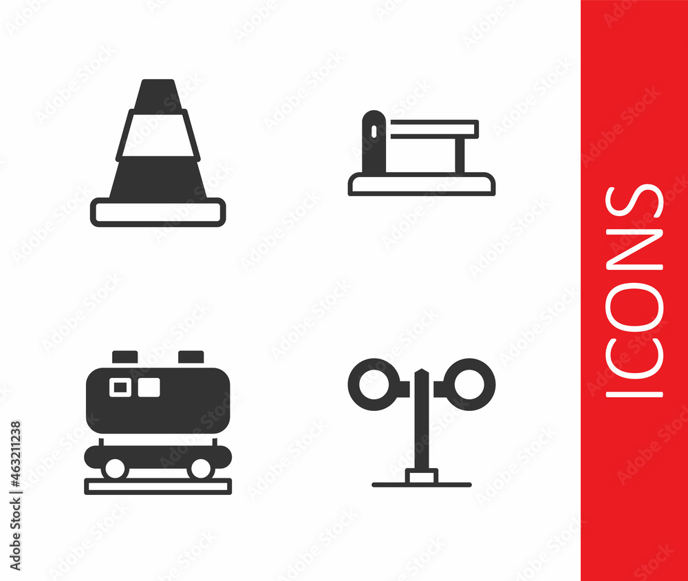 Set Train traffic light, Traffic cone, Oil railway cistern and Railway barrier icon. Vector Set Train traffic light, Traffic cone, Oil railway cistern and Railway barrier icon. Vector