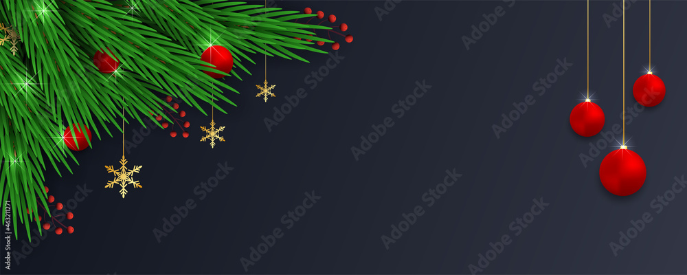 Realistic Christmas sale banner template with green leaf and red ball Realistic Christmas sale banner template with green leaf and red ball