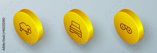 Set Isometric line Sheep, Big bed and Contact lens container icon. Vector