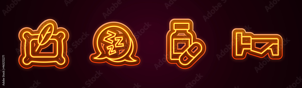 Set line Pillow, Sleepy, Sleeping pill and Bed. Glowing neon icon. Vector Set line Pillow, Sleepy, Sleeping pill and Bed. Glowing neon icon. Vector
