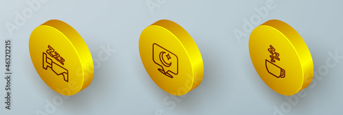 Set Isometric line Time to sleep, Moon and stars and Chamomile tea icon. Vector