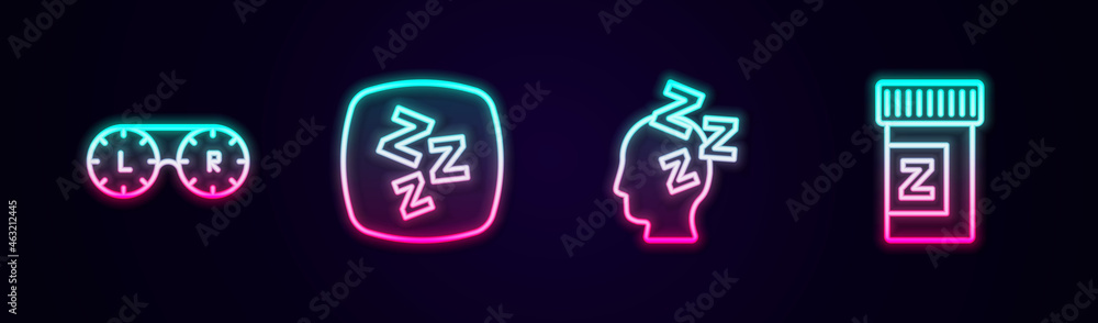 Set line Contact lens container, Sleepy, Dreams and Sleeping pill. Glowing neon icon. Vector Set line Contact lens container, Sleepy, Dreams and Sleeping pill. Glowing neon icon. Vector