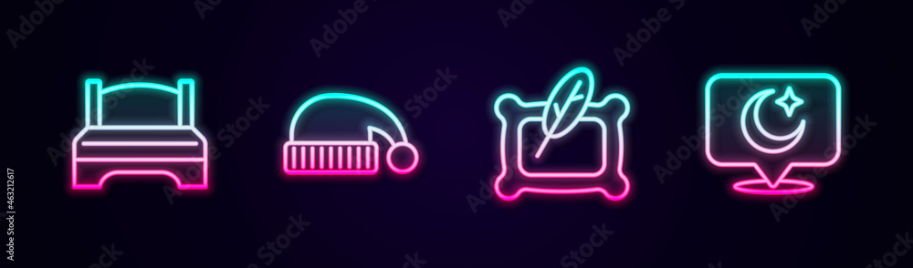Set line Big bed, Sleeping hat, Pillow and Moon and stars. Glowing neon icon. Vector Set line Big bed, Sleeping hat, Pillow and Moon and stars. Glowing neon icon. Vector