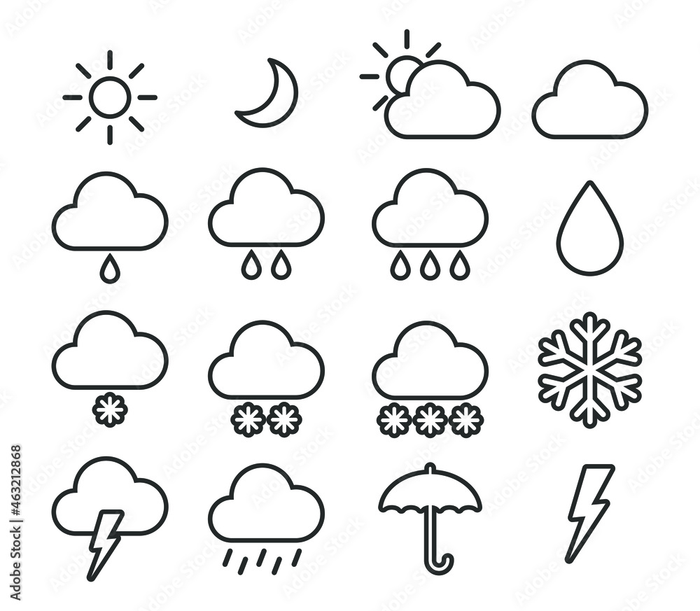 Weather forecast icon set. Meteorology vector outline symbol collection. Weather forecast icon set. Meteorology vector outline symbol collection.