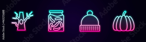 Set line Bare tree, Pickled cucumbers in jar, Winter hat and Pumpkin. Glowing neon icon. Vector
