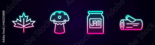 Set line Canadian maple leaf, Mushroom, Jam jar and Wooden log. Glowing neon icon. Vector