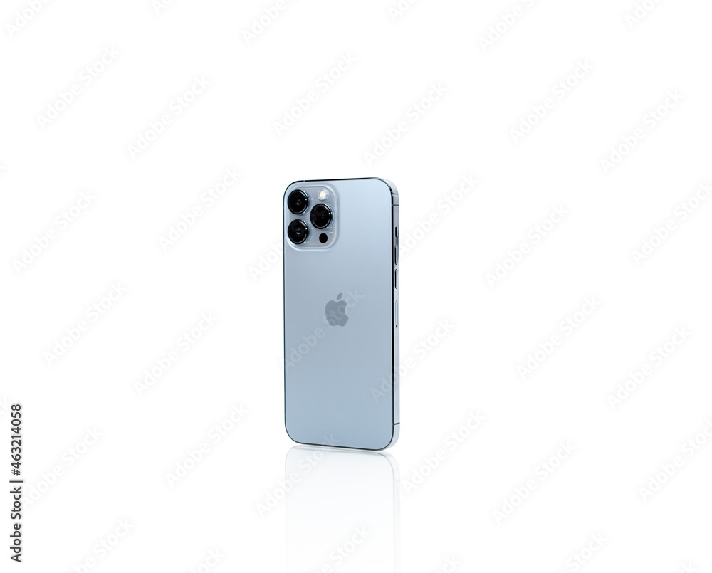 Apple Iphone 13 Max Pro blue isolated on white background Stock Photo