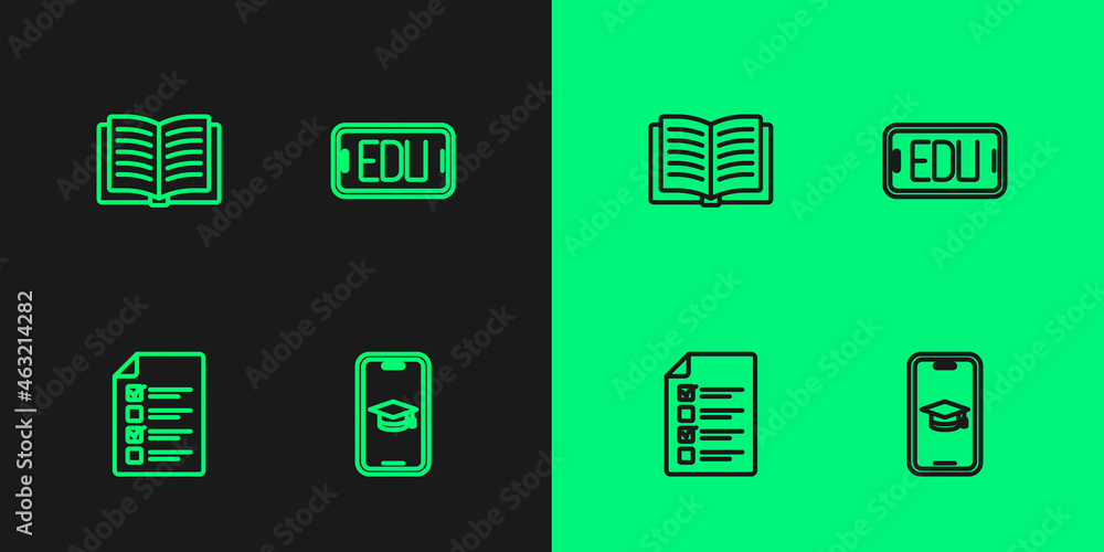 Set line Graduation cap on mobile, Online quiz, test, survey, Open book and education icon. Vector Set line Graduation cap on mobile, Online quiz, test, survey, Open book and education icon. Vector