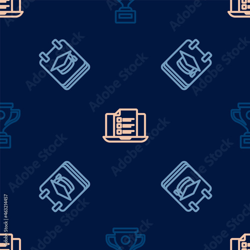 Set line Award cup, Online education and quiz, test, survey on seamless pattern. Vector