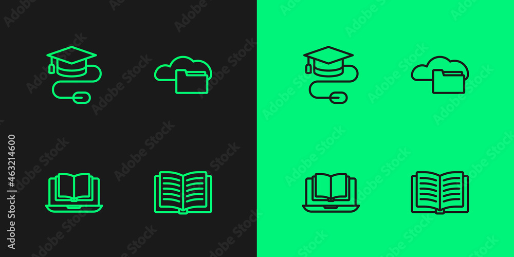 Set line Open book, Online class, Graduation cap with mouse and Cloud or online library icon. Vector Set line Open book, Online class, Graduation cap with mouse and Cloud or online library icon. Vector