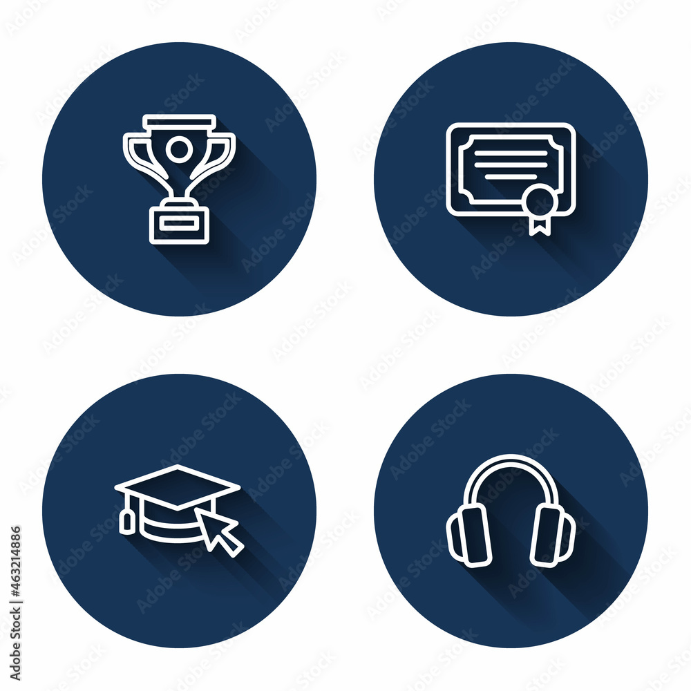 Set line Award cup, Certificate template, Graduation cap with cursor and Headphones with long shadow. Blue circle button. Vector Set line Award cup, Certificate template, Graduation cap with cursor and Headphones with long shadow. Blue circle button. Vector