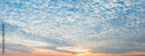Morning dawn sky with light clouds - Ultra-wide panoramic shot. Sky template to replace the horizon. Wonderful picturesque dawn.