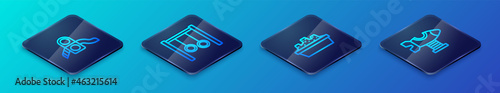 Set Isometric line Sandbox with sand, Slide playground, Swing plane and Gymnastic rings icon. Vector