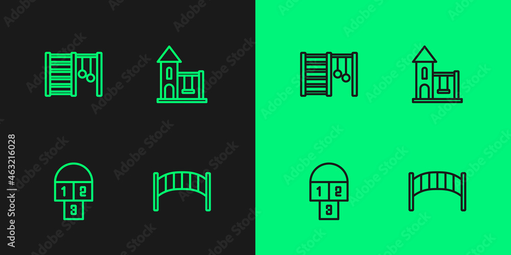Set line Playground kids bridge, Hopscotch, Swedish wall and Swing for icon. Vector Set line Playground kids bridge, Hopscotch, Swedish wall and Swing for icon. Vector