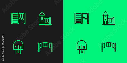 Set line Playground kids bridge, Hopscotch, Swedish wall and Swing for icon. Vector