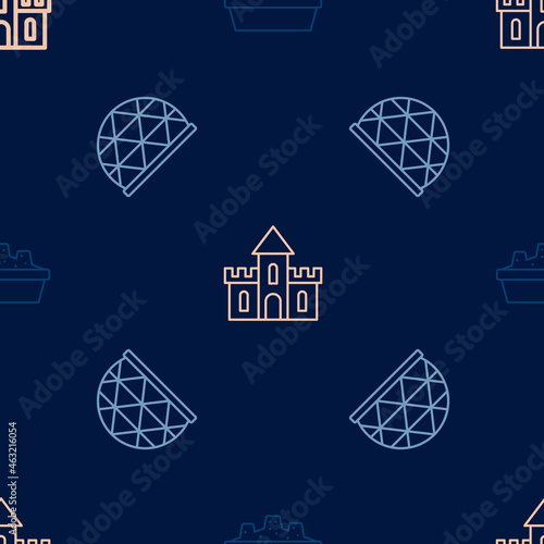 Set line Sandbox with sand, Playground climbing equipment and castle on seamless pattern. Vector