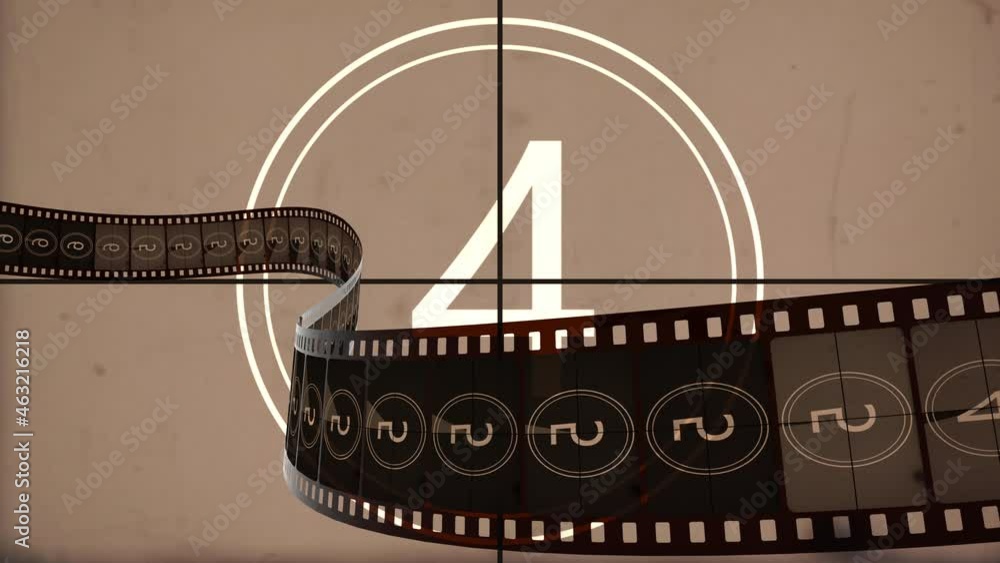 Animated film rolling against retro countdown movie at the cinema hall on the premiere event festival. Film strip reel introduction footage for filmmakers for cinematic filmmaking production intro.