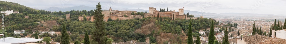 Full panoramic exterior at the Alhambra citadel, view Viewpoint San Nicolás, a palace and fortress complex located in Granada, Andalusia, Spain