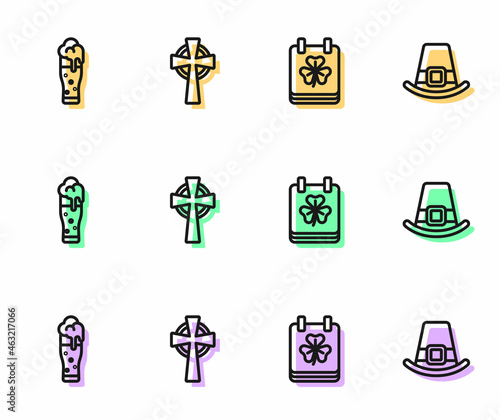 Set line Saint Patricks day with calendar, Glass of beer, Celtic cross and Leprechaun hat icon. Vector