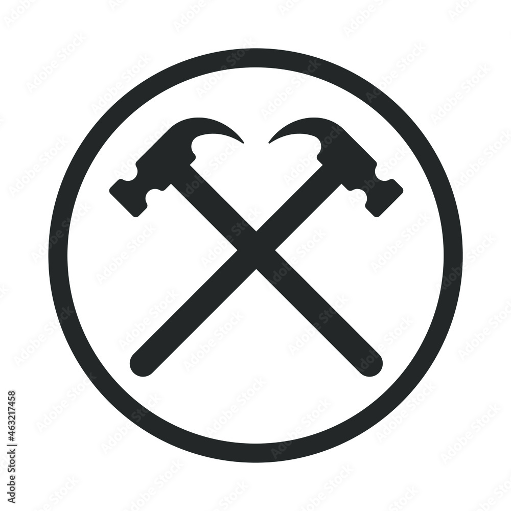Crossed hammers vector icon. Sledge hammer symbol. Blacksmith tool sing. Industry and construction logo. Silhouette isolated on white background. Crossed hammers vector icon. Sledge hammer symbol. Blacksmith tool sing. Industry and construction logo. Silhouette isolated on white background.