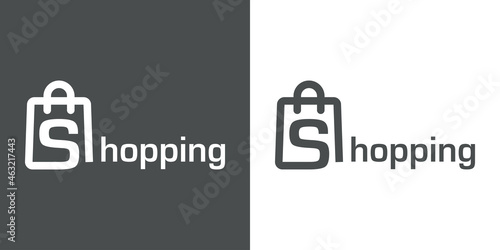 Logotipo con texto Shopping con letra S con forma de silueta de bolsa de la compra con lineas en fondo gris y fondo blanco