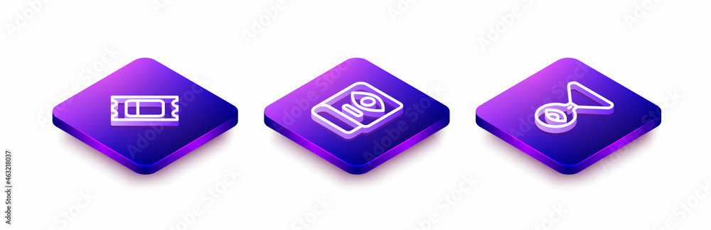 Set Isometric line Circus ticket, Ancient magic book and Medallion on chain with eye icon. Vector Set Isometric line Circus ticket, Ancient magic book and Medallion on chain with eye icon. Vector