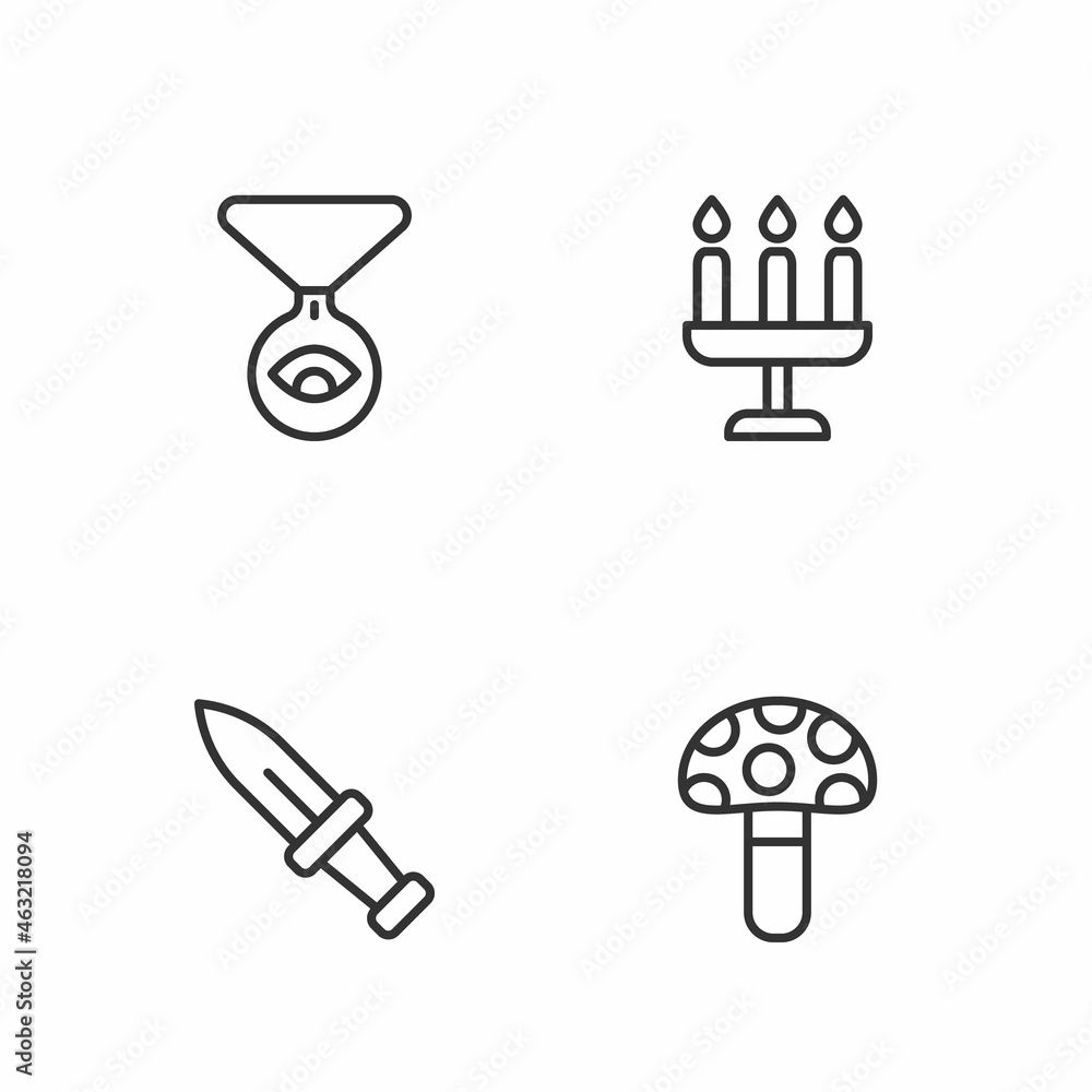 Set line Psilocybin mushroom, Dagger, Medallion on chain with eye and Candlestick icon. Vector Set line Psilocybin mushroom, Dagger, Medallion on chain with eye and Candlestick icon. Vector